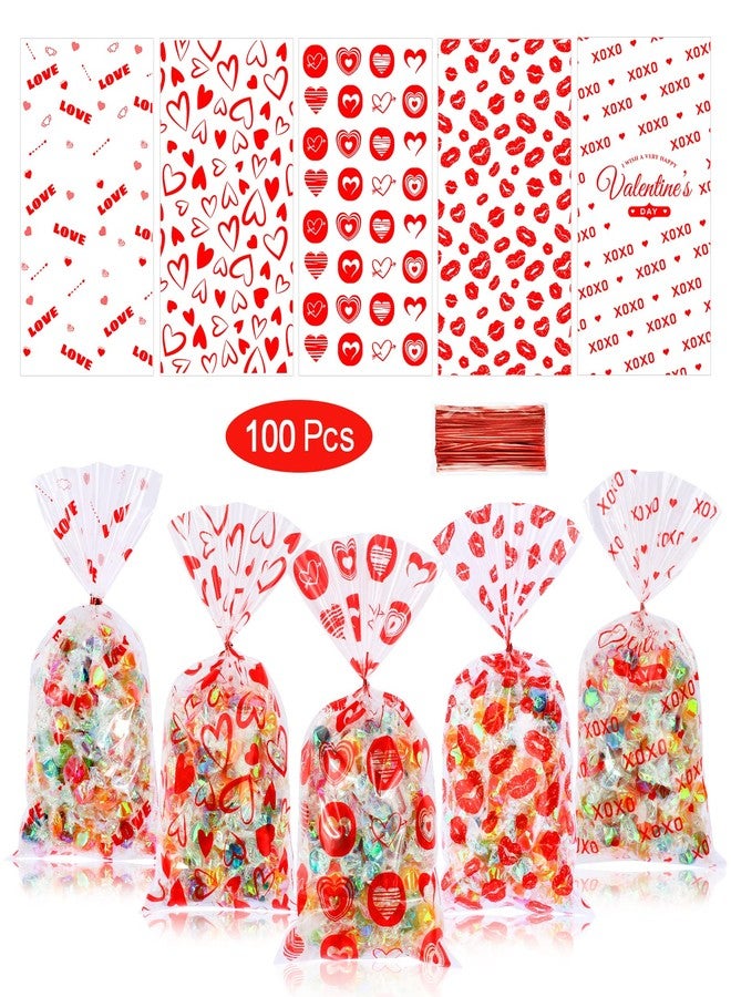 Qpout 100 Pieces Valentine's Day Cellophane Treats Bags, Love Heart Lips Design Valentines Party Candy Goodies Plastic Packing Bags for Valentines Kids Birthday Wedding Party Favor Gifts Decoration - Image 1